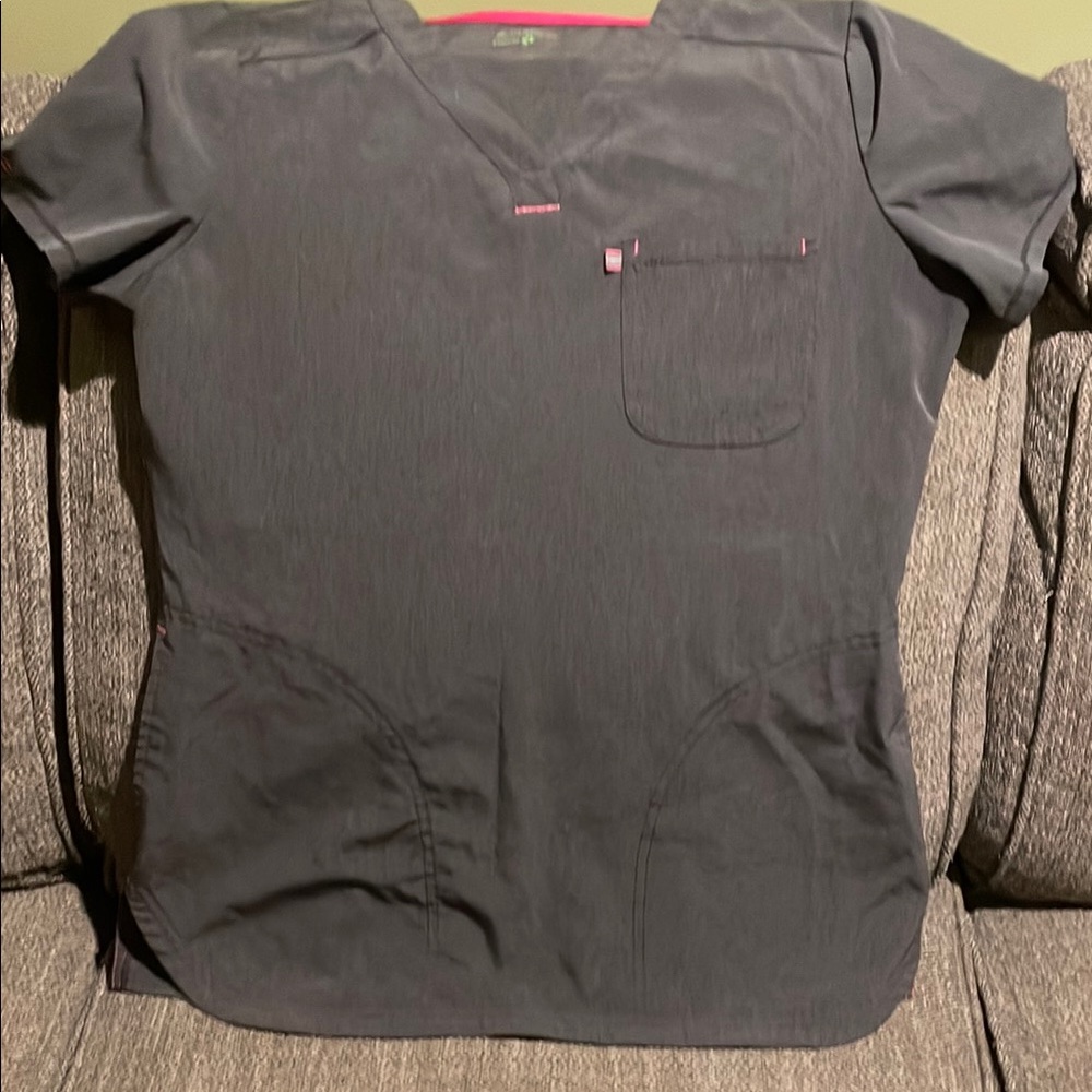 Two get scrub top, grey, size small.